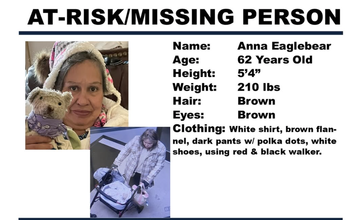 Washington State Patrol issued a Missing Indigenous Person Alert on behalf of Nisqually police early Friday morning for Anna Eaglebear, 62.