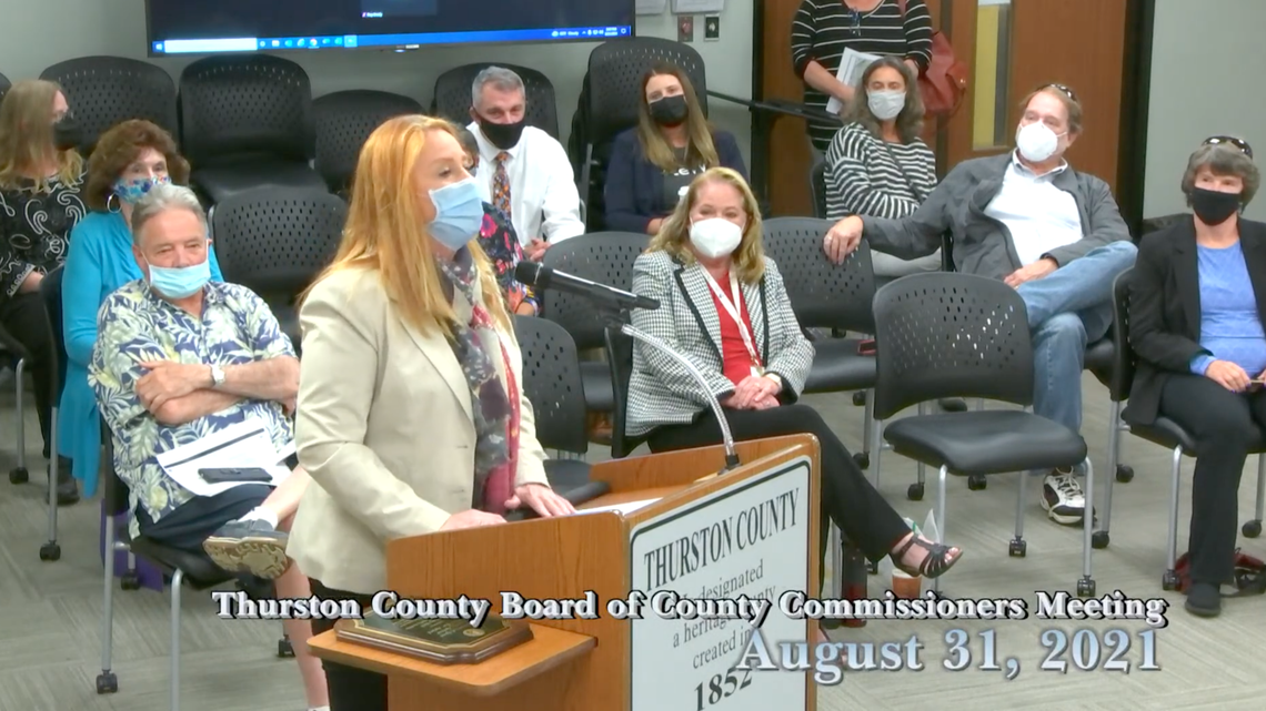 Washington Secretary of State Kim Wyman honored Thurston County Auditor Mary Hall as Auditor of the Year during an in-person county meeting on Tuesday. Though Hall was already virtually honored in May, Wyman took the opportunity to do so in person months later.