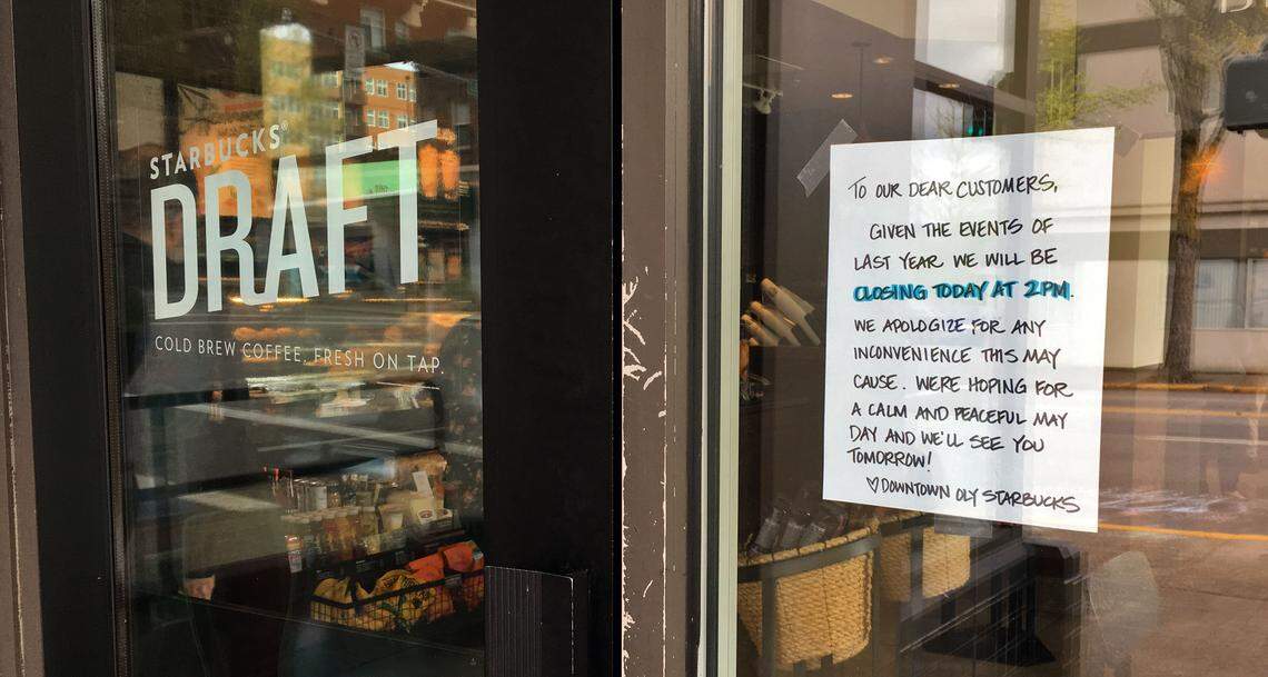 The Starbucks located in downtown Olympia announces it will close early on Tuesday, May 1, 2018. The building was damaged during the 2017 May Day protests.
