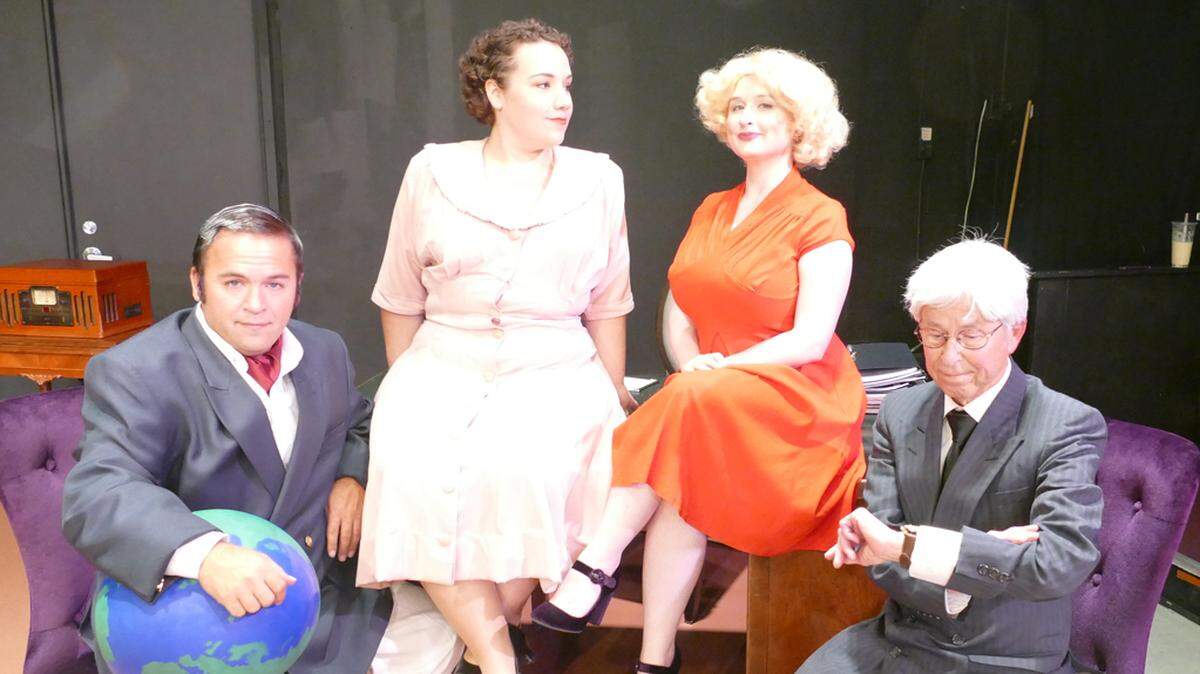 The cast of Olympia Little Theatre’s “The Consul, the Tramp and America’s Sweetheart,” features John Pratt as Georg Gyssling, Jeremy Hollen as Charlie Chaplin, Sammie “Tiny” Fairbairn as Mary Pickford, and Jodie Chapin as Miss Hollombe.