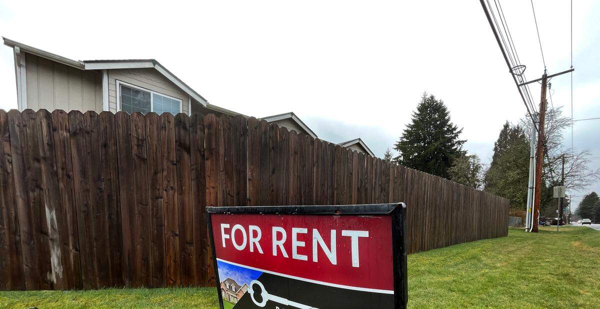 A “for rent” sign in Lacey, Washington, is pictured.