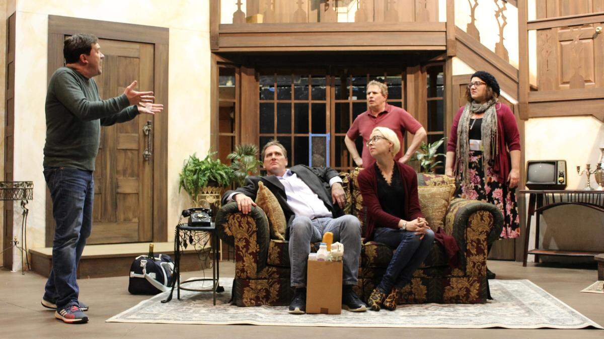 From left, Jason Haws, Aaron Lamb, Helen Harvester, Alexander Samuels and Lisa Viertel in Harlequin Productions’ ”Noises Off.”