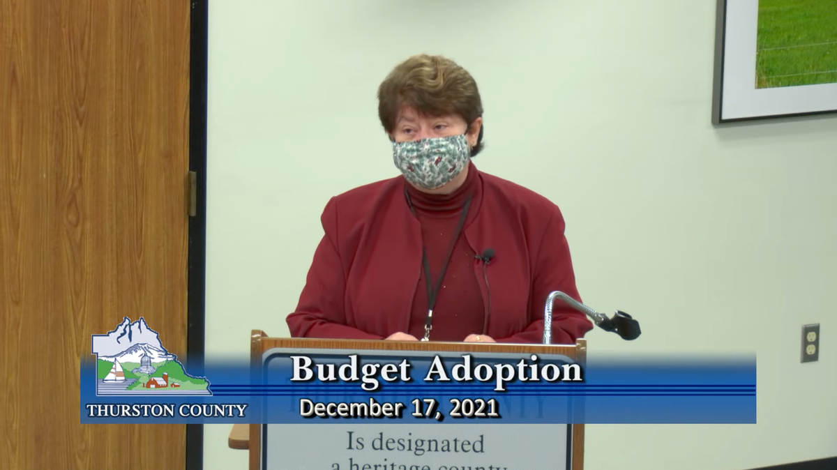 Assistant County Manager Robin Campbell introduces the final budget for 2022-2023 to the Thurston Board of County Commissioners during a budget adoption meeting on Dec. 17, 2021.