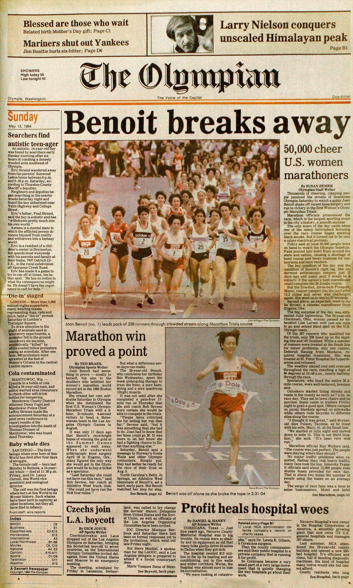 The first U.S. Women’s Olympic Marathon trials on May 12, 1984 was on the front page of the next day’s Olympian.