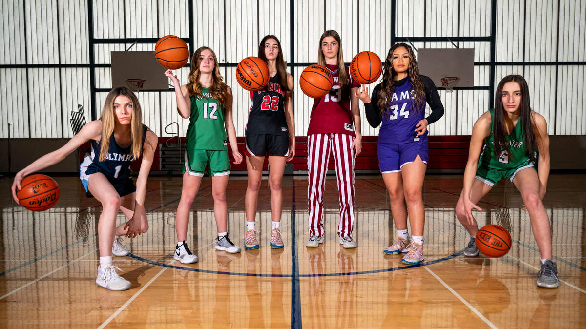 The Olympian’s 2022 All-Area girls basketball team is pictured at Silas High School in Tacoma, Wash. on Wednesday, March 16, 2022. From left: Olympia’s Ava Wollin, Tumwater’s Aubrey Amendala, Tenino’s Ashley Schow, W.F. West’s Drea Brumfield, North Thurston’s Tay Birdtail and Tumwater Natalie Sumrok.