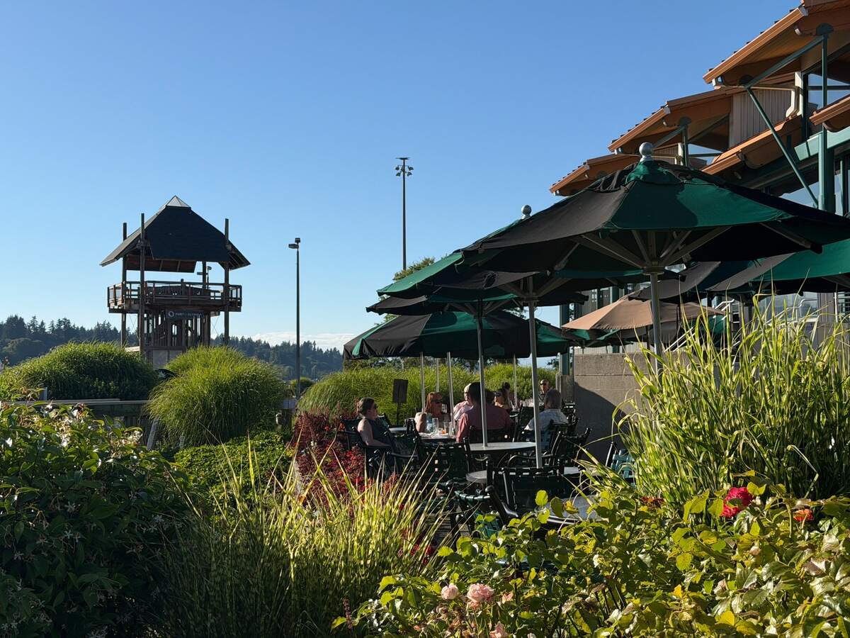 People enjoy a meal at the Anthony’s Homeport Olympia patio next to Port Plaza on Thursday, July 9, 2026.