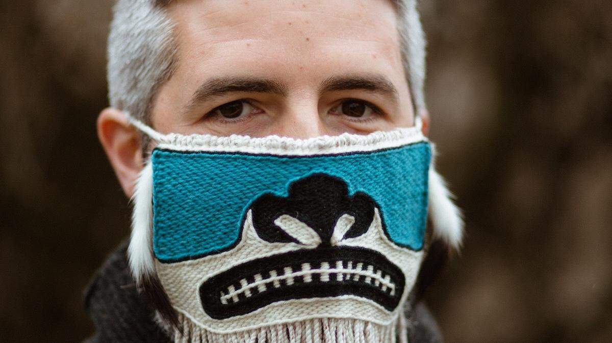 Lily Hope’s “Chilkat Protector,” a face mask made of wool and cedar bark and trimmed with ermine tails.