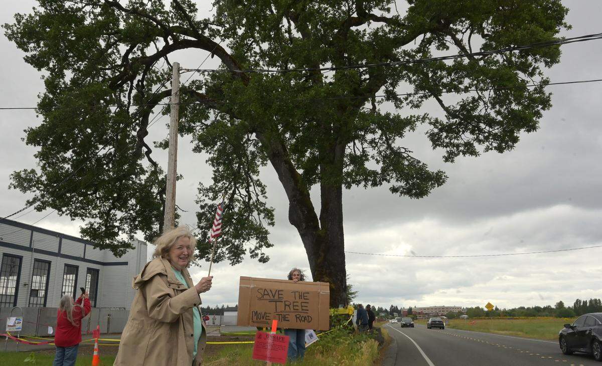 Tumwater residents Katrina Murphy and Michelle Peterson (with sign) joined around 70 supporters in May 2024 at a gathering along Old Highway 99 in support of the historic Davis-Meeker oak tree which mayor Debbie Sullivan had issued an earlier directive to remove, citing safety concerns.