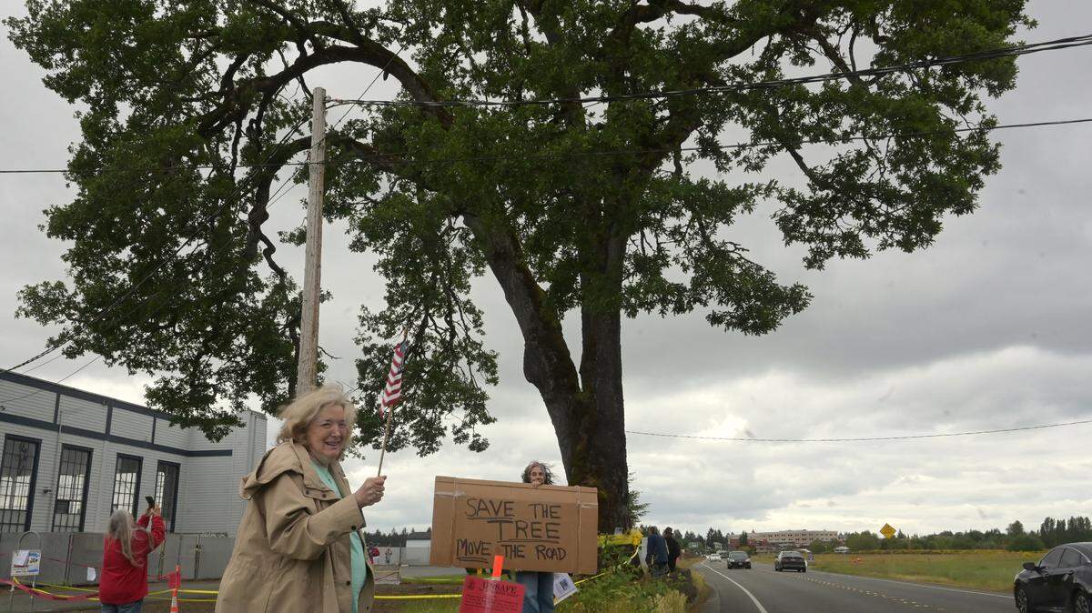Tumwater residents Katrina Murphy and Michelle Peterson (with sign) joined around 70 supporters at a Saturday gathering along Old Highway 99 in support of the historic Davis-Meeker oak tree. Mayor Debbie Sullivan had issued an earlier directive to remove the 400-year-old tree, citing safety concerns. On Friday, May 24 Thurston County Superior Court Judge Sharonda Amamilo issued a temporary restraining order that prevents the city of Tumwater from chopping down the Garry oak.