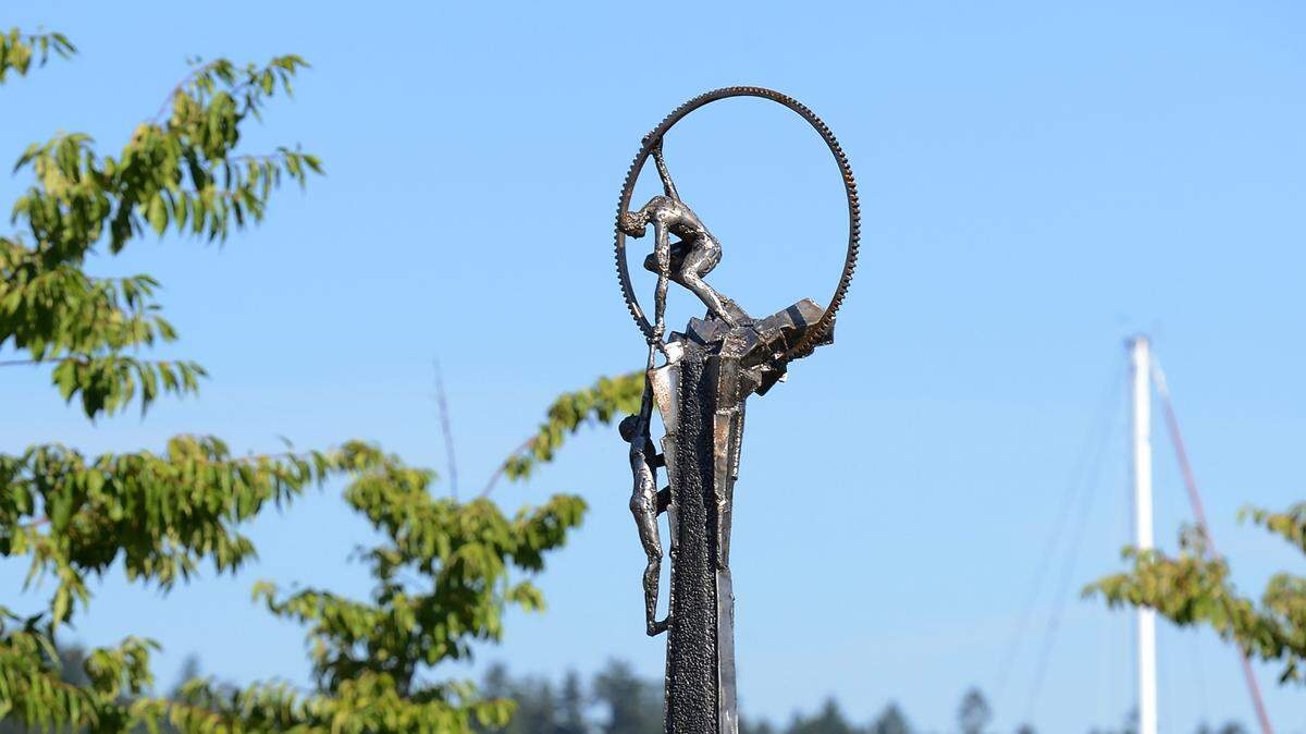 Artist Nathan Robles’ “The Fall and the Climb” is located at Percival Landing near The Olympia Center and is part of the City of Olympia’s Percival Plinth Sculpture Project 2020.