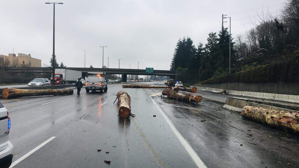 Several logs fell off a truck and delayed southbound Interstate 5 traffic for about 30 minutes on Wednesday, according to the Washington State Patrol.