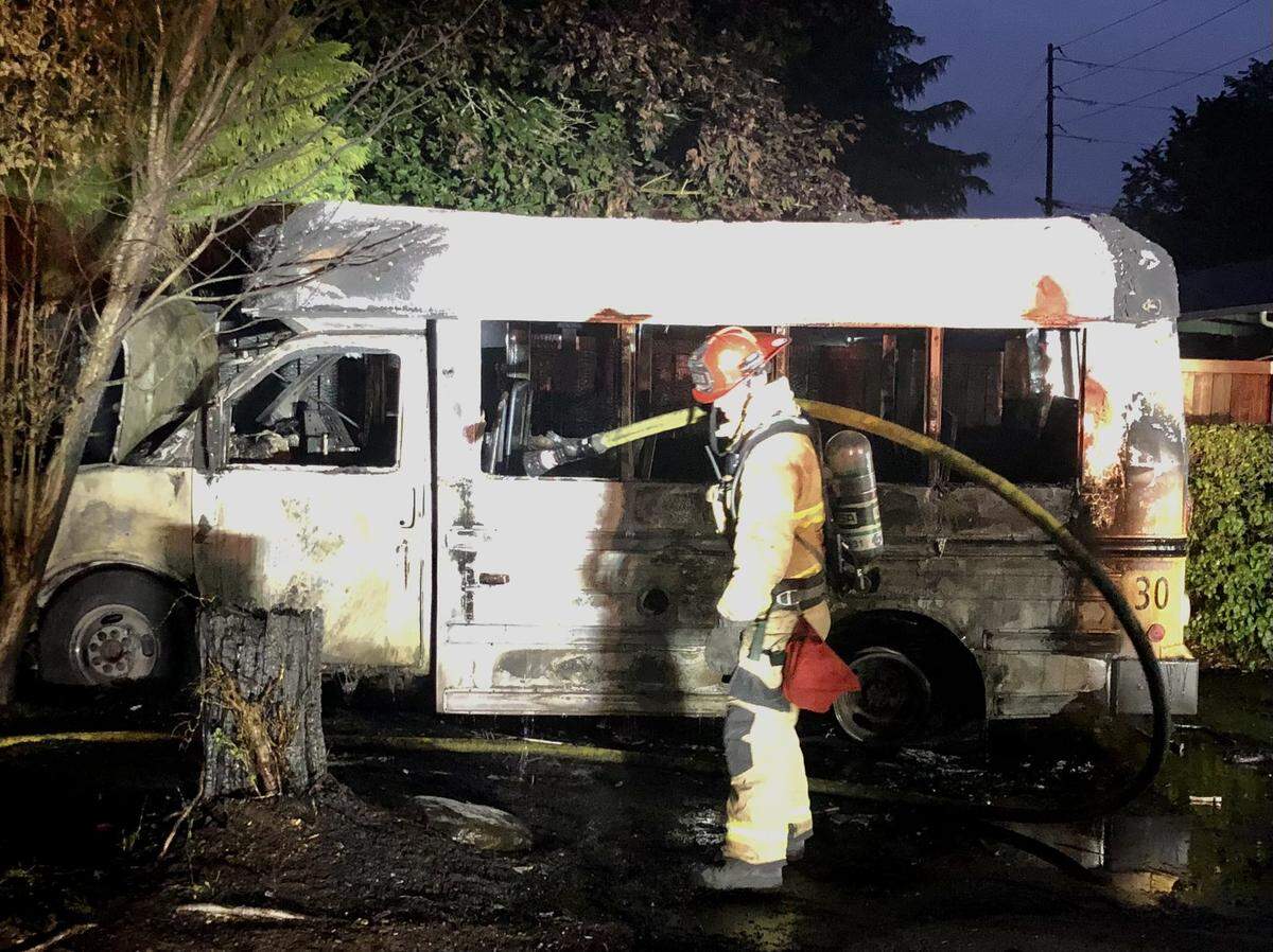 Lacey fire crews and police were dispatched to a school bus fire at an area daycare early Saturday morning, according to Lacey Fire District 3.