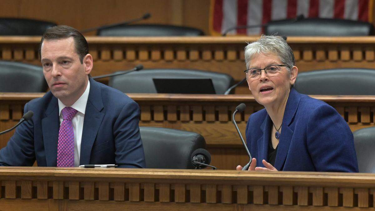 Flanked by Sen. Andy Billing (D-Spokane), House Speaker Laurie Jinkins (D-Tacoma) responds to a media question concerning the use of legislative privilege during the 2023 Legislative Preview held in the John A. Cherberg Building on the state Capitol campus in Olympia on Thursday, Jan. 5, 2023.