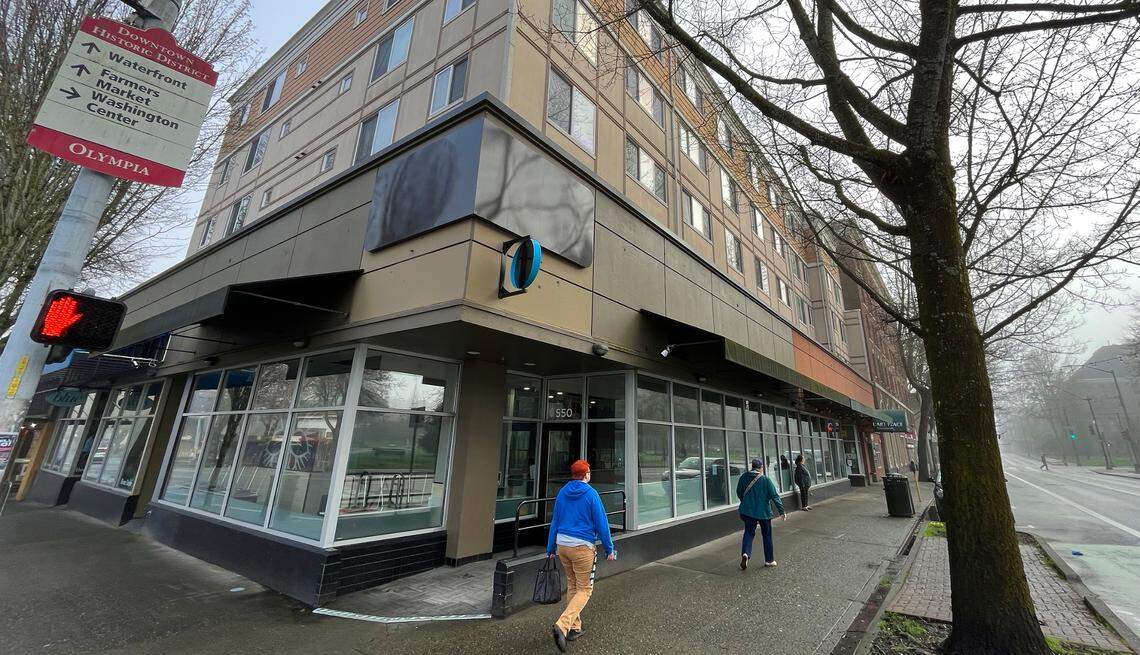 Vacant location of the former Dancing Goats coffee shop at the corner of Capitol Way and Legion Way.