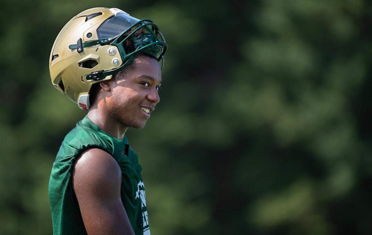 Timberline linebacker Darrell Gipson during preseason football practice at Timberline High School in Lacey, Washington, on Thursday, Aug. 71, 2023.