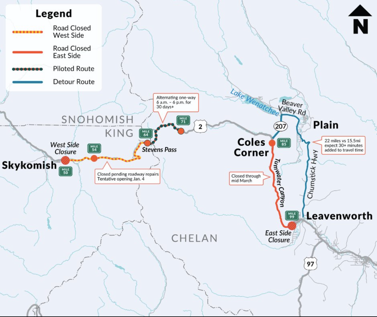 A map showing the traffic impacts on U.S. 2 from Skykomish to Leavenworth as of Dec. 30, 2025.