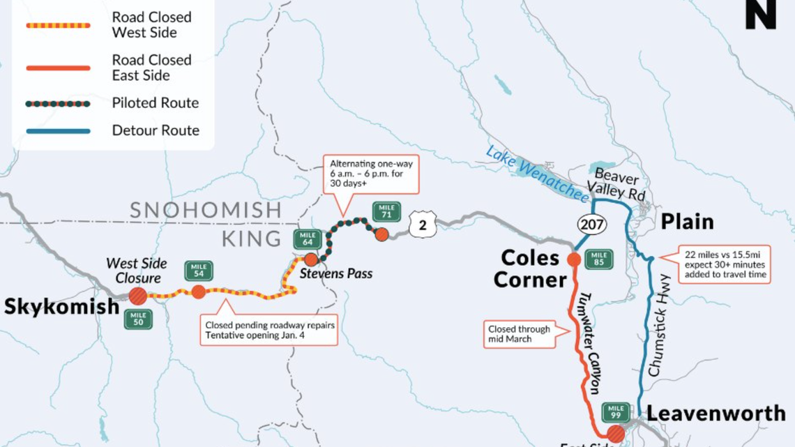 U.S. 2 to reopen from Skykomish to Stevens Pass, Gov. Ferguson says