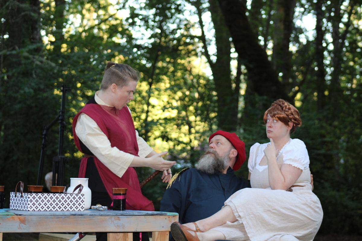 From left, Prince Hal (F.K. Jenkins), Falstaff (Scott Douglas) and Doll Tearsheet (Korja Giles) have big plans for mischief in Animal Fire Theatre’s “Henry IV.”