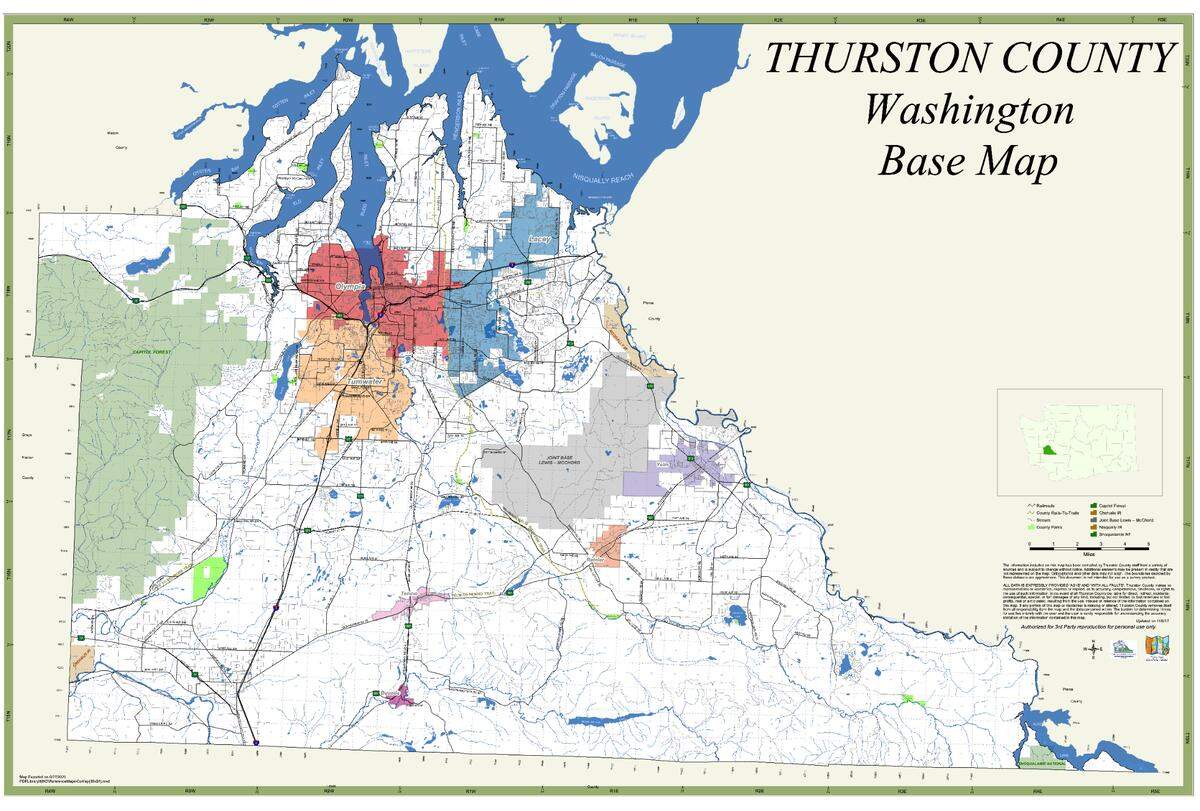 Thurston County Map. All areas highlighted in color are incorporated. White space is unincorporated land and follows Washington State fireworks laws.