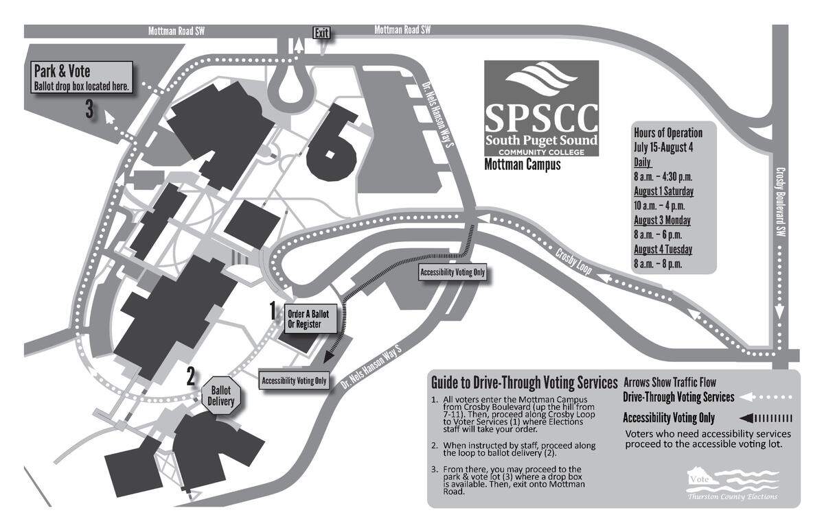 The Thurston County Auditor’s Office is setting up a temporary drive-through voting services center at South Puget Sound Community College to ensure people can maintain proper physical distancing during this year’s primary election.