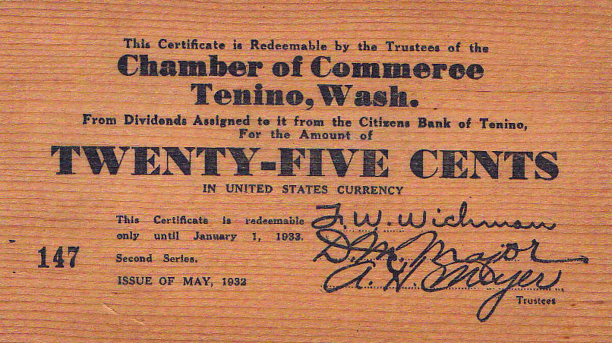 During the Great Depression, some local communities printed their own money to try to boost the amount of cash circulating in a community. This 25 cent “coin” is printed on wood and was issued by Tenino.