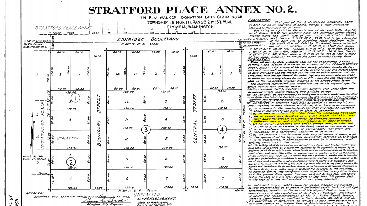 A 1947 plat for Stratford Place Annex No. 2, located in the area of Eskridge Boulevard and Central Street in Olympia. The highlighted part reads, “No race or nationality other than the Caucasian Race shall use or occupy any building on any lot except that his Covenant shall not prevent occupancy by domestic servants of a different race or nationality employed by an owner or tenant.”