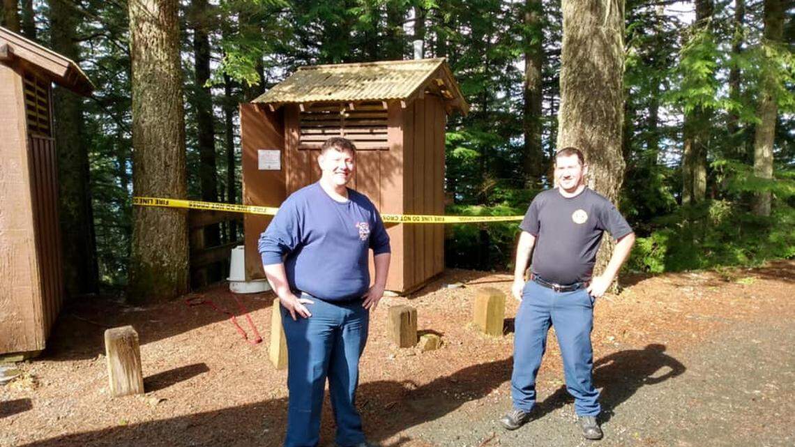A woman in her 40s fell into a vault toilet on April 19, 2022, at the top of Mount Walker in Washington, fire officials said. She was trying to retrieve her fallen phone when she plunged inside of it.