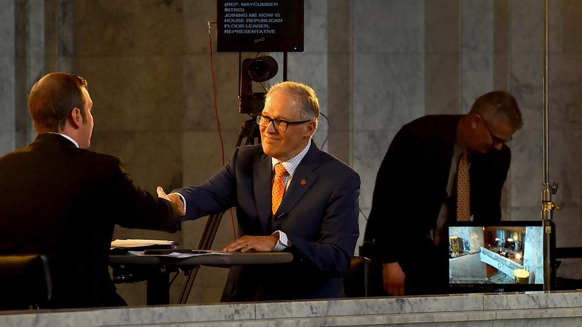 On the eve of the end of the 2023 legislative session Washington Gov. Jay Inslee concludes his interview by Mike McClanahan, host the TVW show “The Impact” in the Legislative Building on Sunday,April 23, 2023.