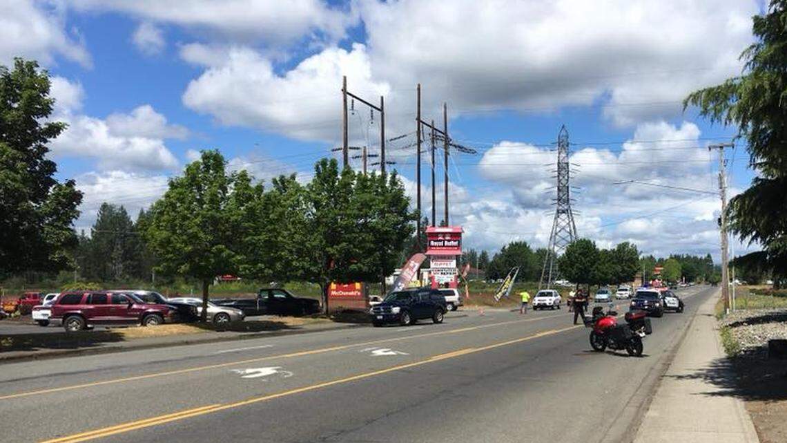 Police are searching for a white pickup truck that was involved in a hit-and-run crash with a motorcycle at about noon Tuesday, June 26, 2018 in Shelton.