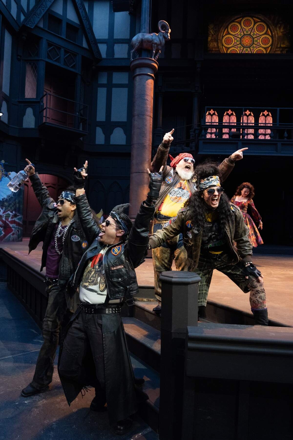 Falstaff (Daniel T. Parker, in red bandanna) and his band are a merry motorcycle gang in “The Merry Wives of Windsor.”