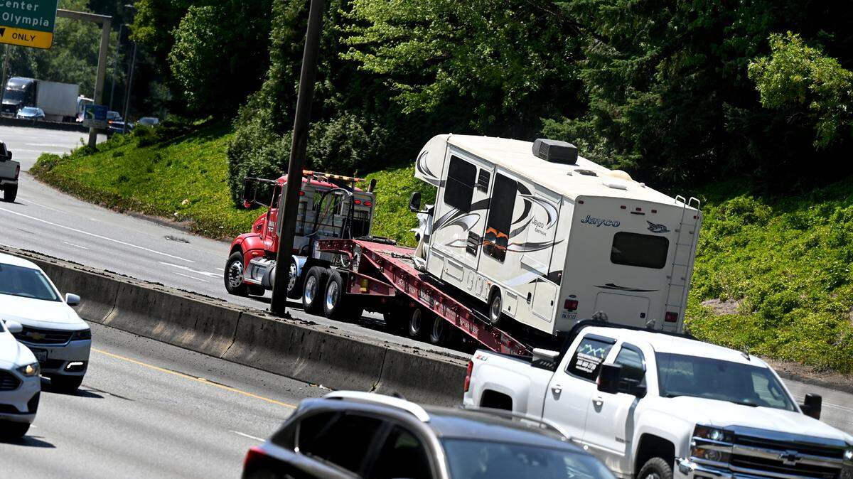 A motorhome involved in a collision with a tanker near southbound Interstate 5’s Exit 105 near downtown Olympia around 1 p.m. gets hauled away Monday afternoon. The traffic incident blocked all but one lane of traffic near Henderson Boulevard Southeast, with traffic back-ups reported as far north as Marvin Road in Lacey, according to the Washington State Department of Transportation’s social media. Washington State Patrol Trooper John Dattilo said there was no spill reported from the truck, and there were no hazardous materials concerns. Dattilo said there were no serious injuries reported, nor any arrests made.

