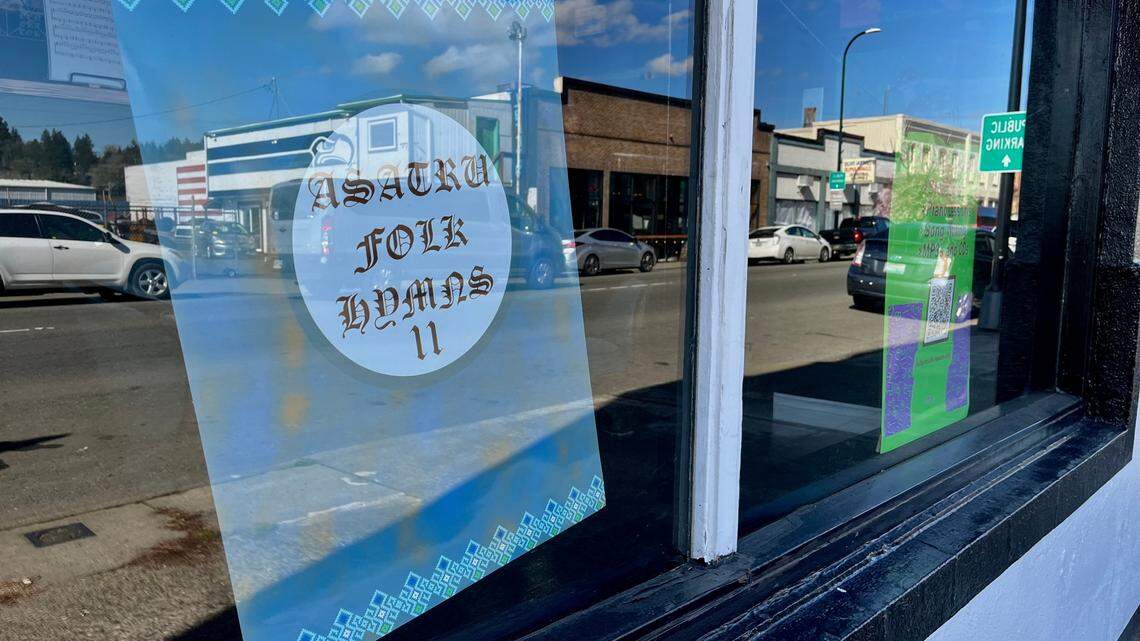 “Asatru Folk Hymns II” reads a sign in a Centralia storefront. The store is owned by a person connected with the Asatru Folk Assembly, a “whites only” religious organization.