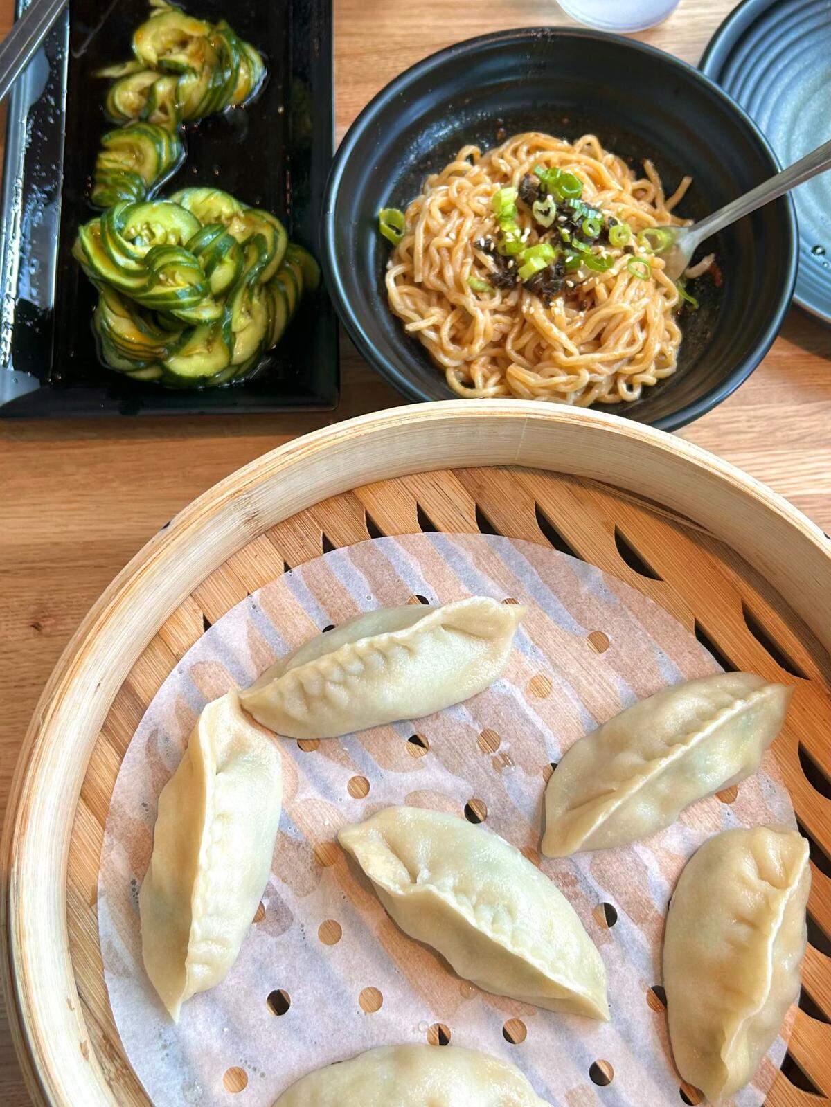 Dumplings, dan dan noodles and cucumber salad at Dough Zone
