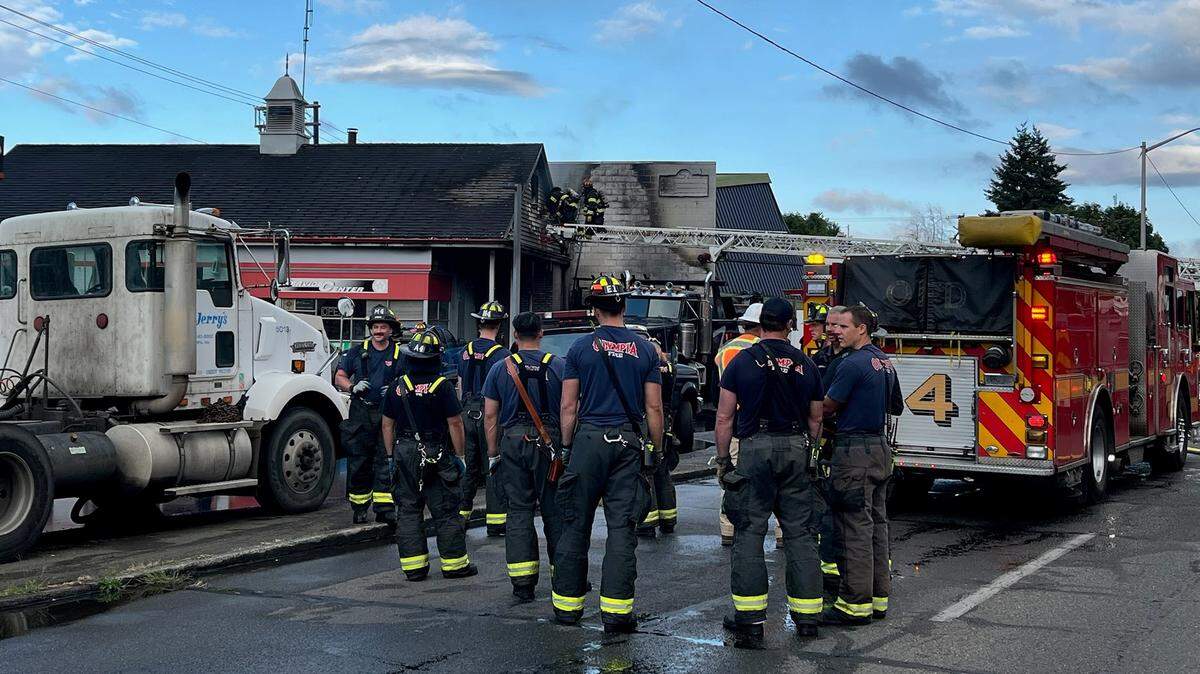 Olympia firefighters extinguished a blaze at Jerry’s Automotive and Towing on 4th Avenue East the morning of Thursday, Aug. 7, 2025.