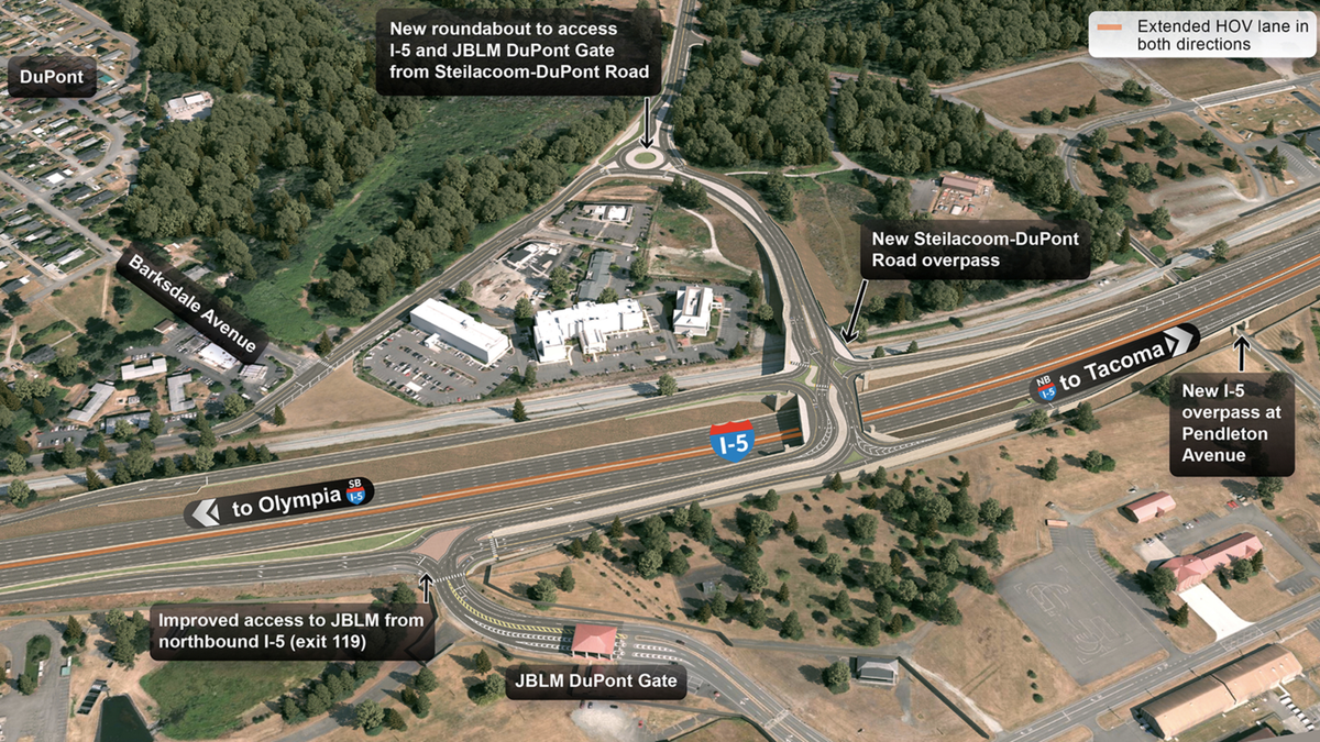 A rendering of a new Steilacoom-DuPont Road overpass that will cross over Interstate 5 at milepost 119. Construction on this project began in 2023 and is expected to continue through 2026.