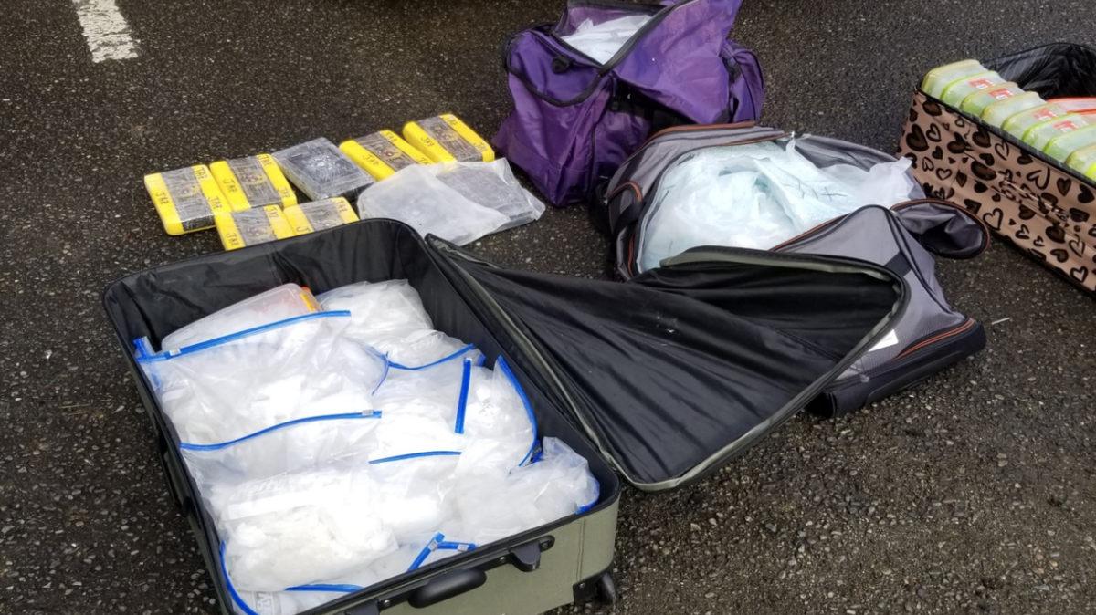 Centralia police said they seized 100 pounds of suspected methamphetamine, 19.8 pounds of suspected fentanyl mixed with cocaine powder and about 340,000 suspected fentanyl pills during a traffic stop on Wednesday.