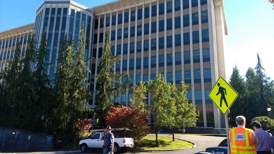 Damaged by sewage earlier in the week, this state office building has reopened. Sort of