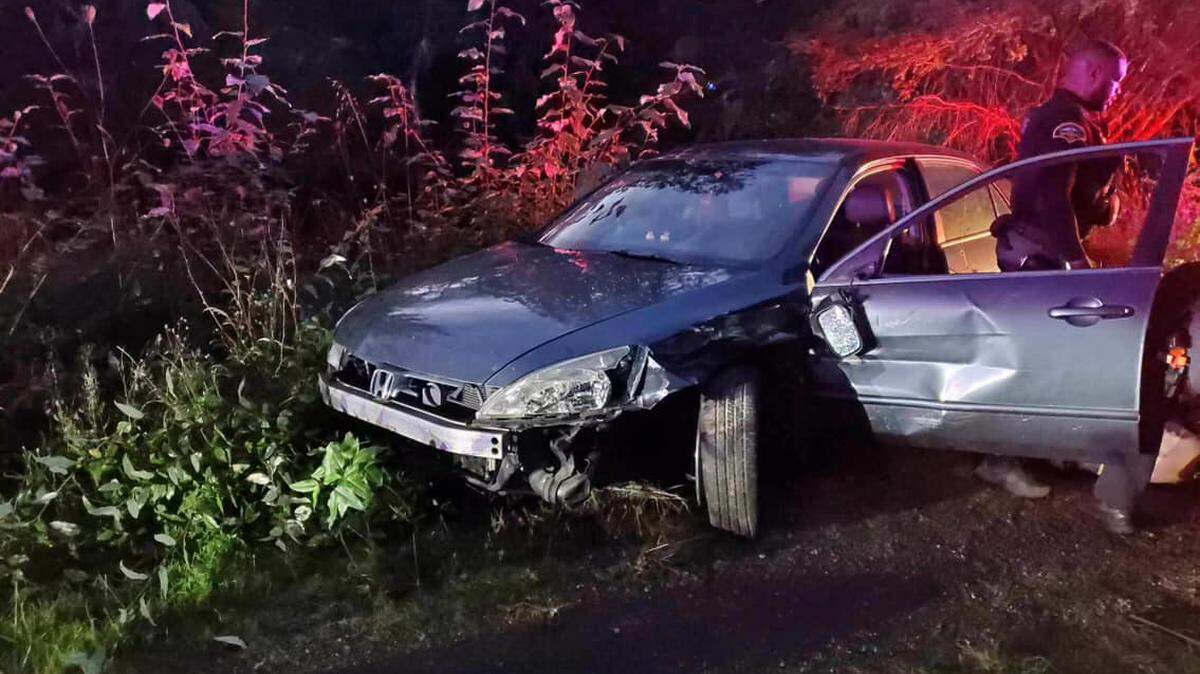The suspect’s damaged car after ramming a Thurston County Sheriff’s Office patrol car in the Yelm area Monday night.