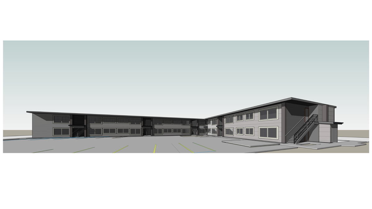 An illustration of the Sterling Pines development at 5895 Capital Blvd. Southwest in Tumwater. The Housing Authority of Thurston County expects to finish renovating the building, formerly known as Tumwater Inn and Suites in 2026. HATC Executive Director Craig Chance said the color of the building had not been finalized as of May 2025.