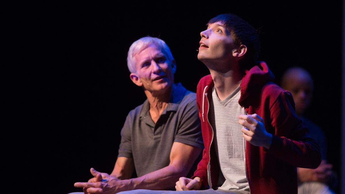 Tom Sanders, left, who plays Ed, the main character Christopher’s father, and Nicholas Main as Christopher in a scene from the SPSCC production of “The Curious Incident of the Dog in the Night-Time.”