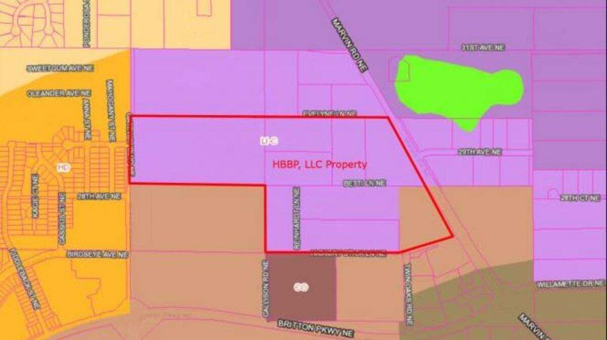 The owner of the property outlined in red seeks a zoning text amendment that, if approved by Lacey City Council, would allow warehouses up to 500,000 square feet. The current zoning caps the size at 200,000 square feet.
