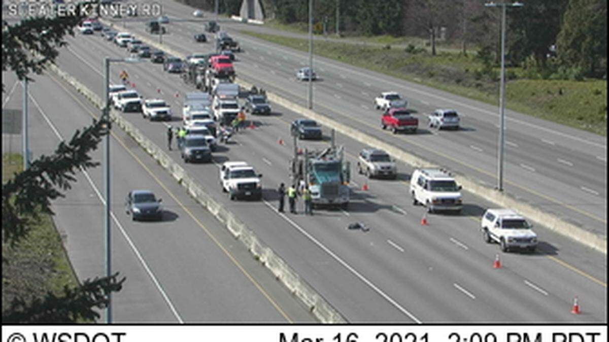 A pedestrian was struck by a log truck on northbound I-5 near Lacey just before 2 p.m. Tuesday, according to the Washington State Patrol.