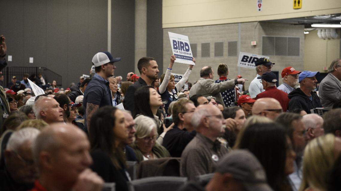 Delegates at the Washington State GOP convention in Spokane shout down party officials after the announcement that they would not be endorsing a gubernatorial candidate.