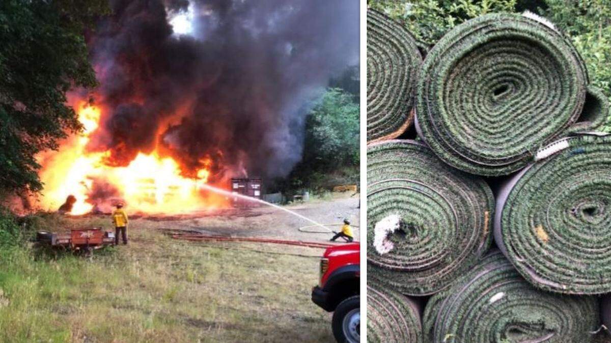 The 8-foot-long rolls of artificial grass gave off thick black smoke and a strong odor as they burned.