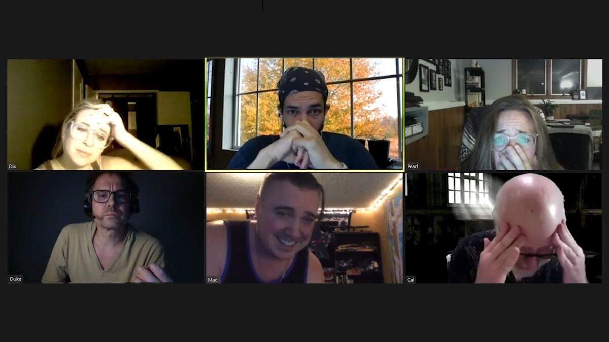 The cast of Pug Bujeaud’s “The Culling” rehearses the new virtual play. The play will be livestreamed Friday and Saturday evenings.