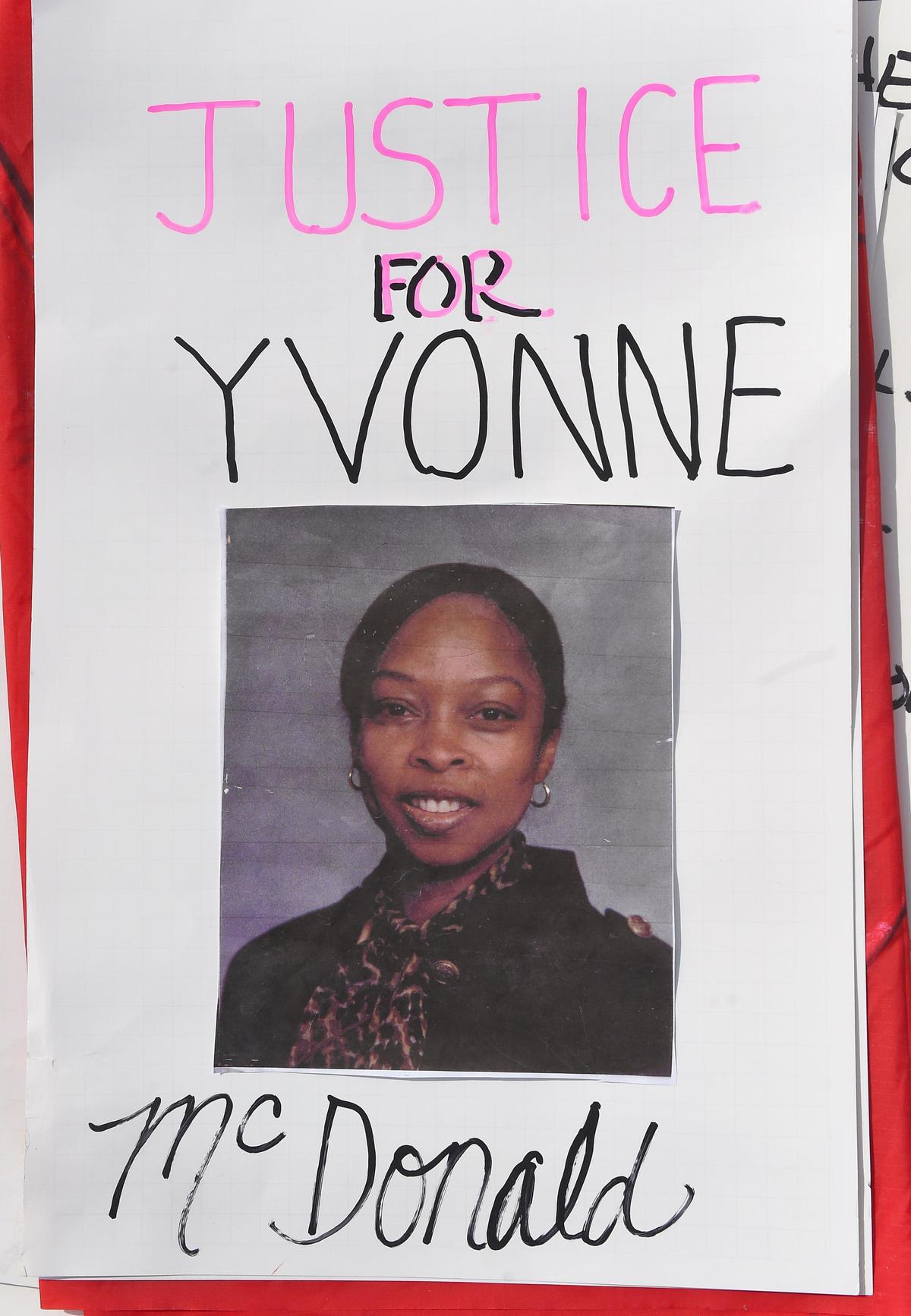 A sign with Yvonne McDonald’s photo at a June 25, 2019, march from Percival Landing to Olympia City Hall.