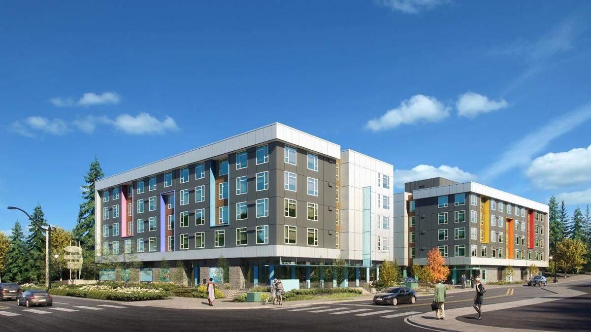A rendering of Martin Way Phase 2, a new affordable housing building under construction on the corner of Martin Way East and Pattison Street Northeast. Construction began in June, according to the Low-Income Housing Institute.