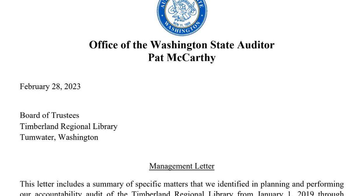 An image of the state Auditor’s Office management letter, dated Feb. 28, 2023, that was sent to the Timberland Regional Library’s Board of Trustees.