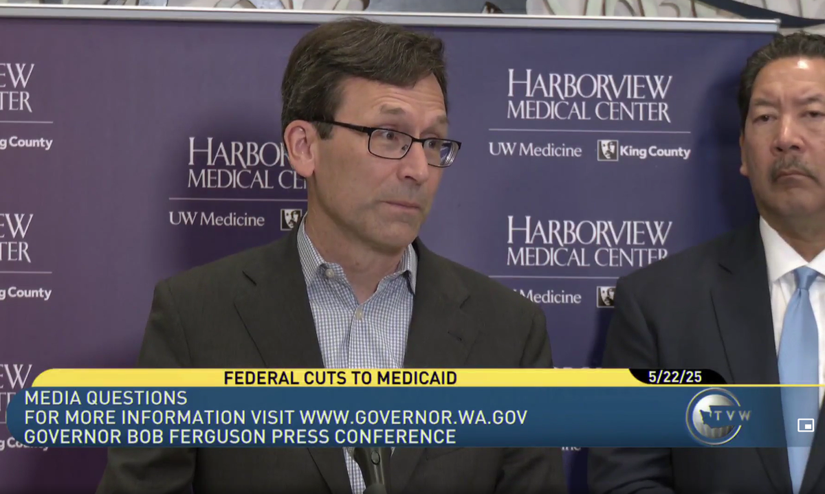 Washington Gov. Bob Ferguson decried proposed congressional cuts to Medicaid during a May 22 news conference at Harborview Medical Center in Seattle.