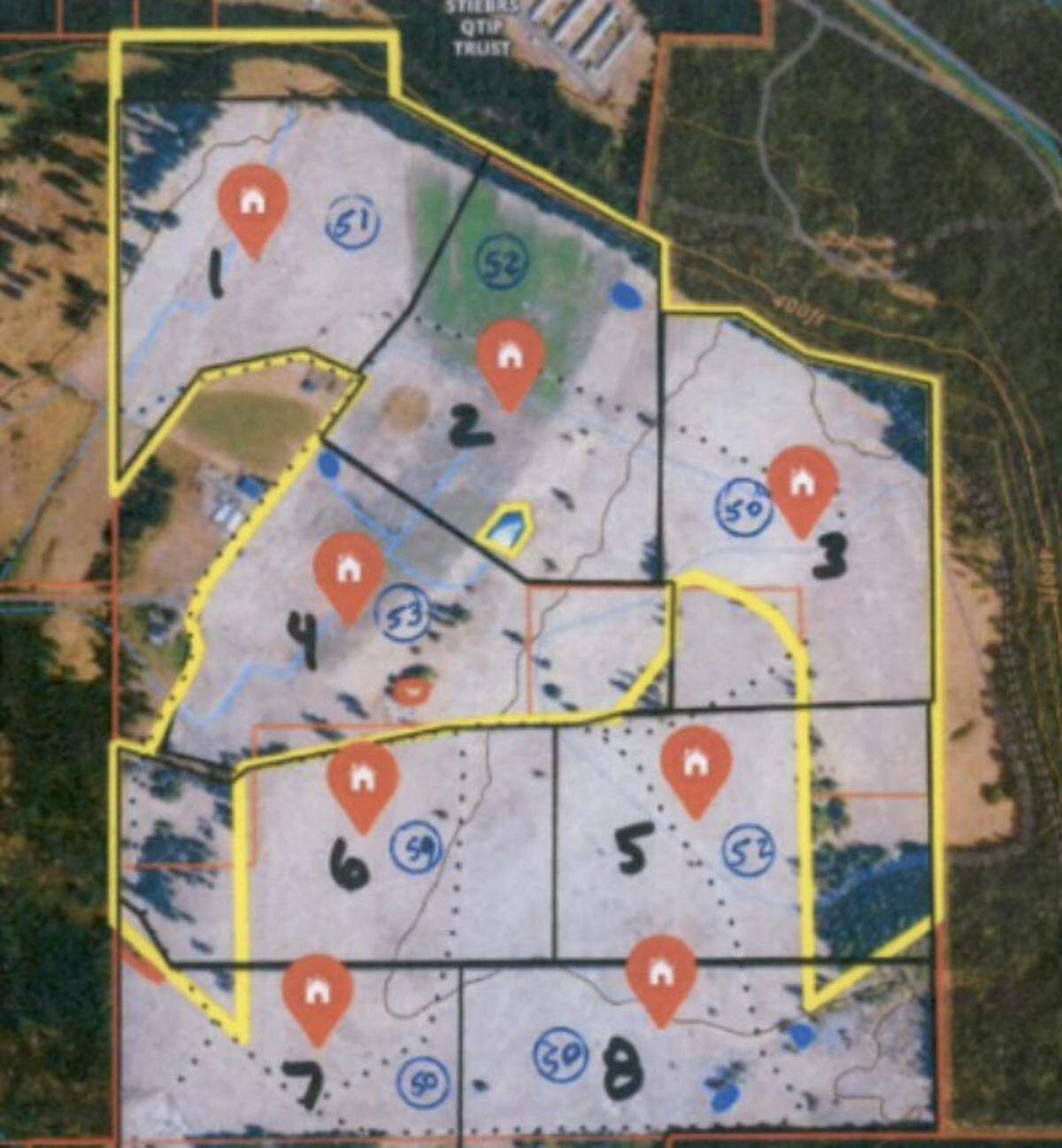 A map showing the proposed locations of the eight barns.